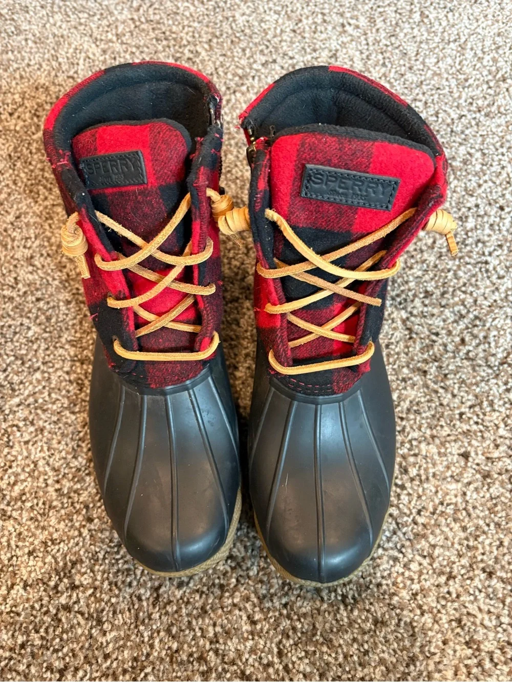 Sperry women’s Black Rubber Duck Boots with Red Plaid Cuff